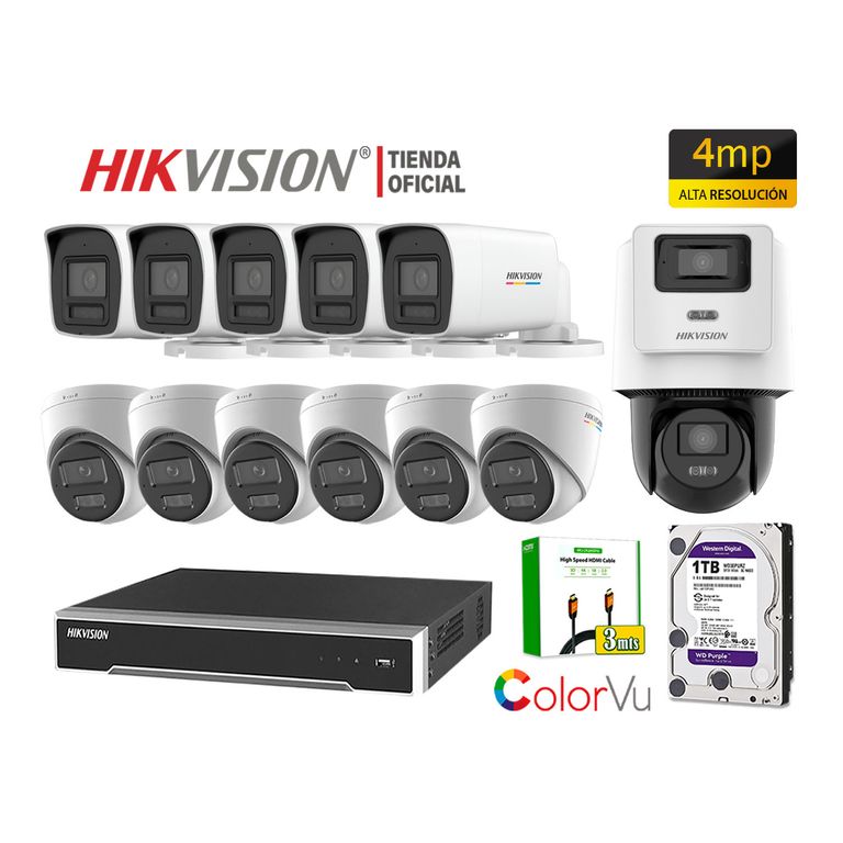 Kit 12 Cámara Seguridad IP POE 4MP ColorVu 1 Cámara PTZ Detección Vehículo 1TB