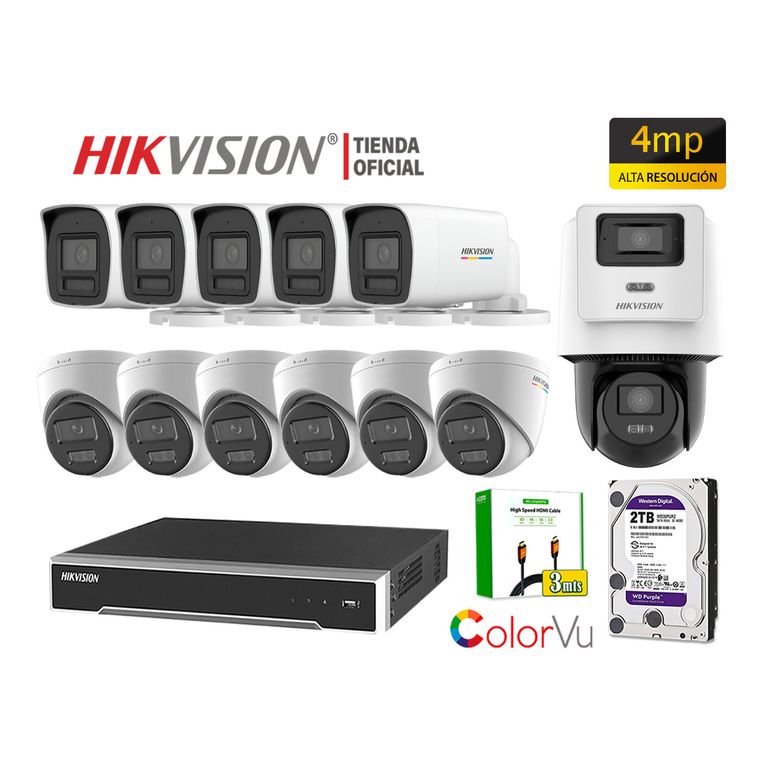 Kit 12 Cámara Seguridad IP POE 4MP ColorVu 1 Cámara PTZ Detección Vehículo 2TB