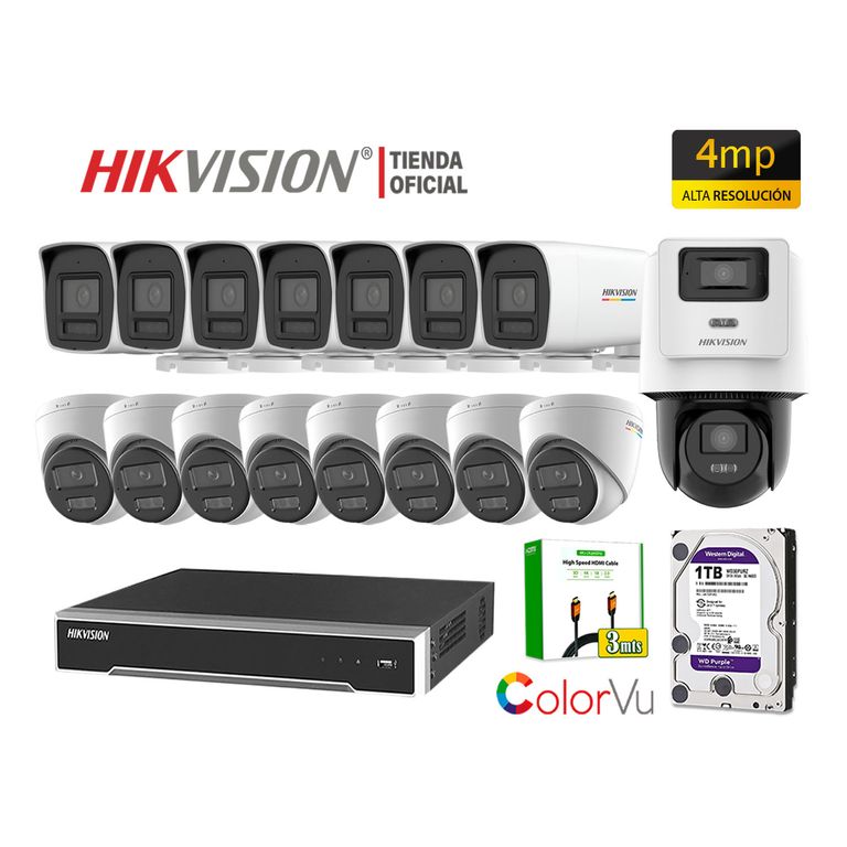 Kit 16 Cámara Seguridad IP POE 4MP ColorVu 1 Cámara PTZ Detección Vehículo 1TB