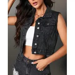 ARELYS - Chaleco Bolero Jean Denim Gris Mujer Talla S