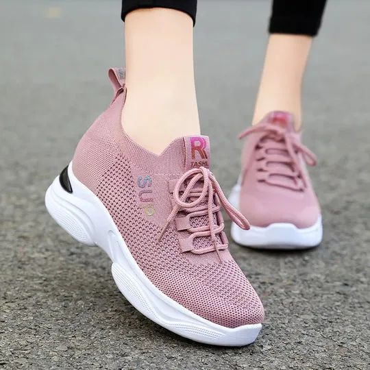 Zapatillas con taco incorporado de malla para mujer transpirables y cordones