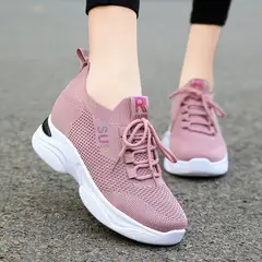 GENERICO - Zapatillas con taco incorporado de malla para mujer transpirables y cordones