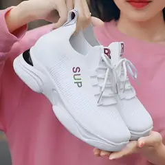 GENERICO - Zapatillas con taco incorporado de malla para mujer transpirables y cordones