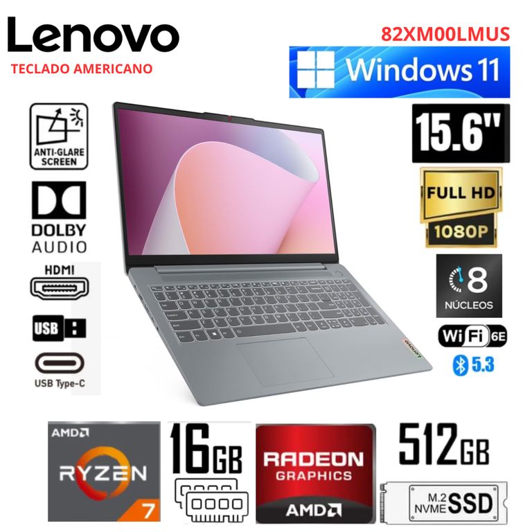 IDEAPAD SLIM 3 15ABR8 AMD RYZEN 7 5825U 512GB SSD 16GB 15.6 FHD WIN 11 - 82XM00LMUS