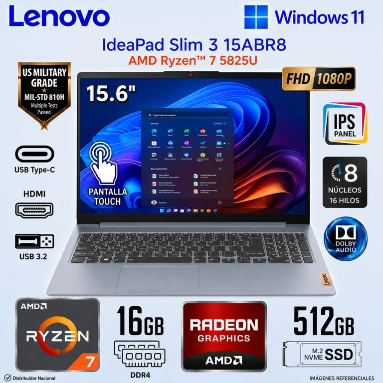 IDEAPAD SLIM 3 15ABR8 AMD RYZEN 7 5825U 512GB SSD 16GB 15.6 FHD WIN 11 - 82XM00LMUS