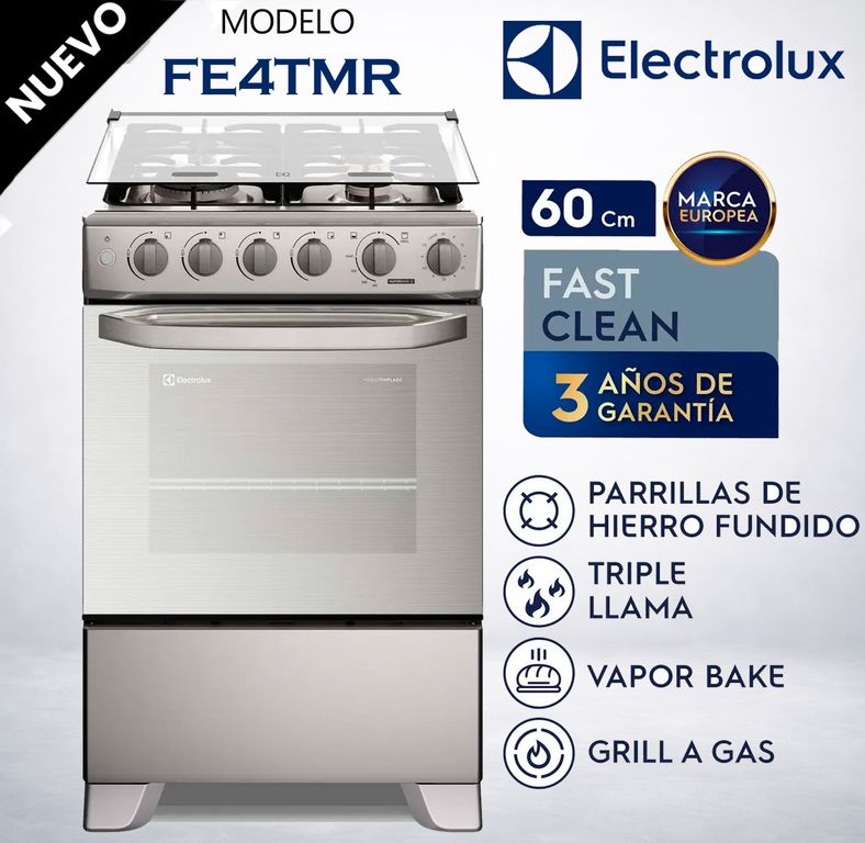 Cocina Gas 4 Hornillas VaporBake,Triple Llama, Grill 60cm FE4TMR