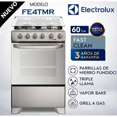 ELECTROLUX - Cocina Gas 4 Hornillas VaporBake,Triple Llama, Grill 60cm FE4TMR