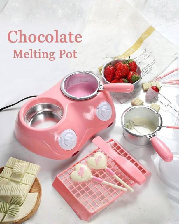 Olla Chocolatera Eléctrica Doble Rosada para Fondue y Postres con Control de Temperatura