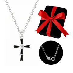 GENERICO - Collar Unisex Cruz Joya Plata 925 Circonita Negra Regalo