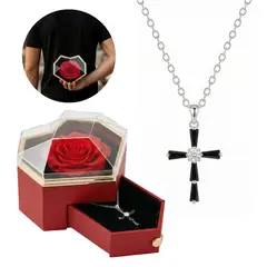 GENERICO - Collar Cruz Plata 925 Circonita Negra Regalo + Estuche Rosa