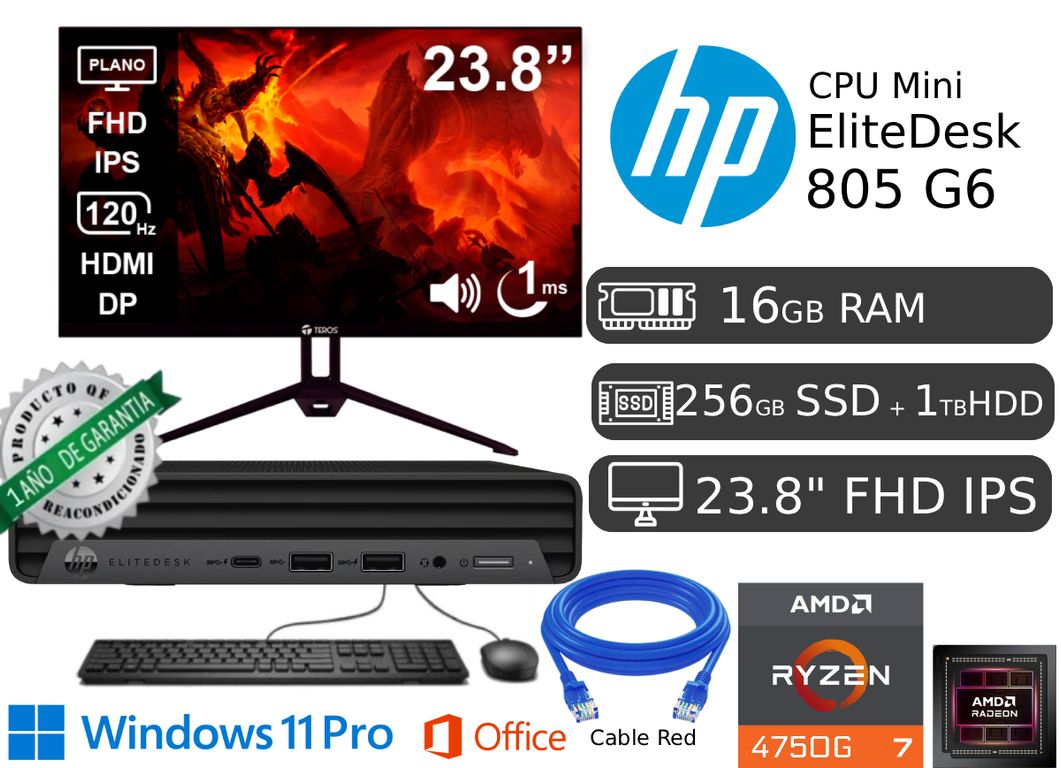 CPU Mini 805 G6 AMD Ryzen 7 PRO 16GB RAM 256GB SSD Reacondicionada + 1TB HDD + Monitor Nuevo 23.8