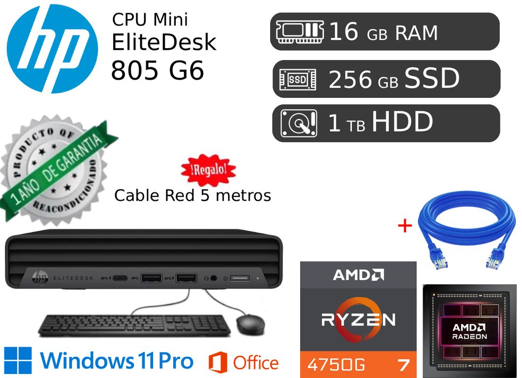 EliteDesk Mini 805 G6 Ryzen 7 16GB RAM 256GB SSD 1TB HDD Reacondicionada Empresarial HDMI DP
