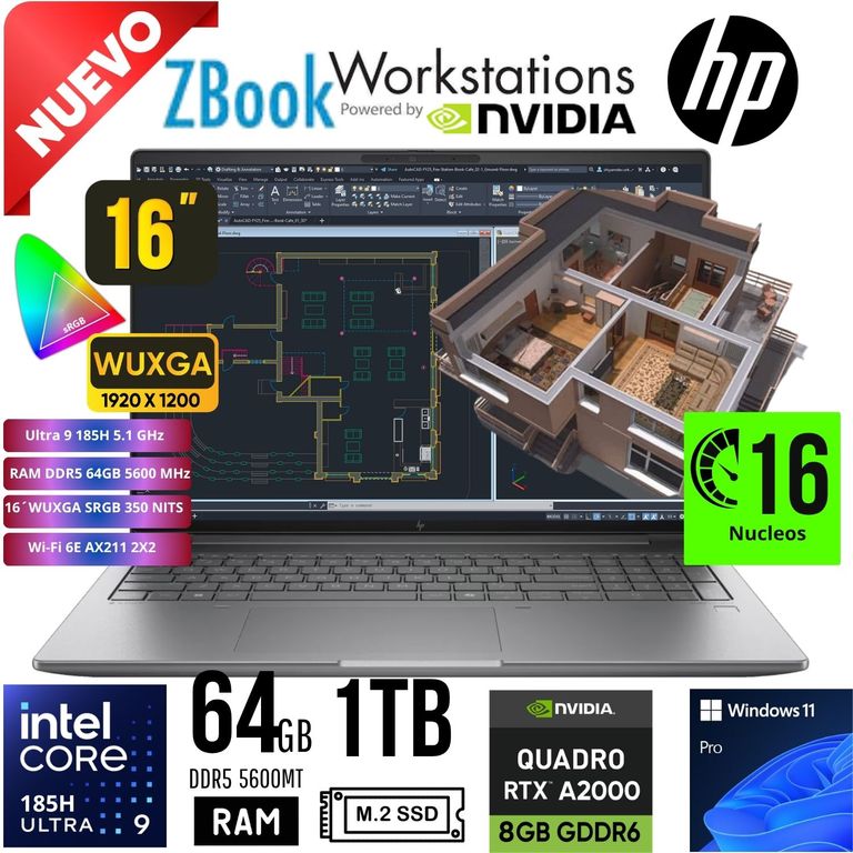 LAPTOP ZBook POWER G11 Ultra 9 185H RAM 64GB SSD 1TB NVIDIA RTX 2000 8GB 16" WUXGA W11PRO