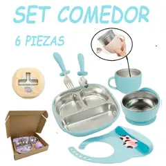 GENERICO - Nuevo Set Comedor de Silicona y Acero 6 Pzas Vaquita -Celeste
