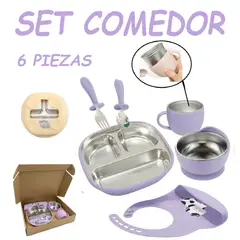 GENERICO - Nuevo Set Comedor de Silicona y Acero 6 Pzas Vaquita -Morado