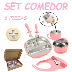 GENERICO - Nuevo Set Comedor de Silicona y Acero 6 Pzas Vaquita -Rosa