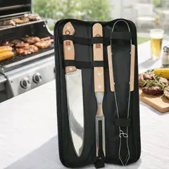 GENERICO - Set de Parrilla 3 Piezas con Estuche Portátil Mango de Madera