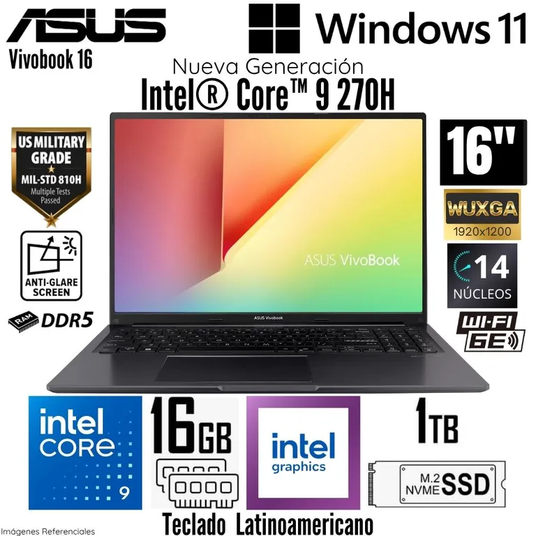 Laptop Vivobook 16 X1605VA-MB2560 Intel Core 9 270H 16GB RAM 1TB SSD 16" WUXGA - Indie Black