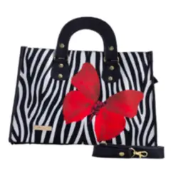 CHULA TULUM - CARTERA MODELO CANASTA CON ESTAMPADO ZEBRA MARIPOSA ROJA
