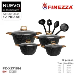 FINEZZA - Juego de Ollas Antiadherente de 12 Pzs Ultra Granito FZ-X1716M