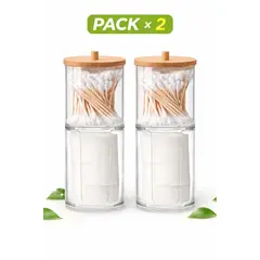 GENERICO - Set X2 Porta Hisopos Algodón Acrílico Con Tapa Bamboo
