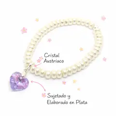 FERNANDA ROMERO JOYAS Y ACCESORIOS - Pulsera de Perlas con Corazón de Cristal Austriaco Lila y Plata Amor propio, Luz y Elegancia