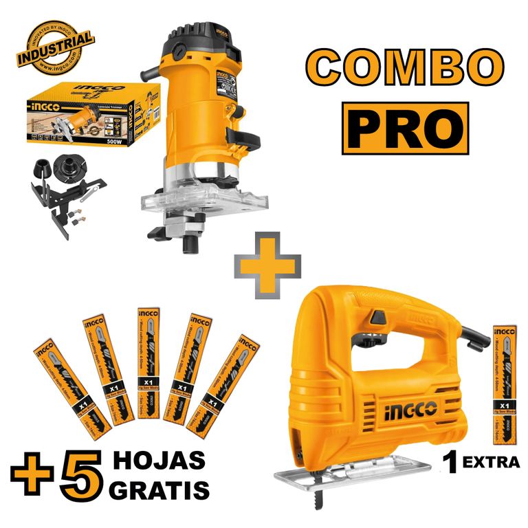 Combo Fresadora INGCO PLM5002 + Sierra Caladora + 6 Hojas JS400285