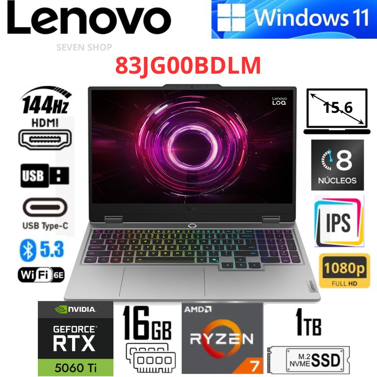 Laptop Gamer con IA LOQ 15AHP10 15.6" FHD 144Hz Ryzen 7 250 16GB RAM 1TB SSD RTX 5060 8GB