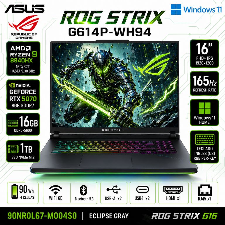 Laptop Gamer ROG STRIX G16 Ryzen 9-8940HX 16GB RAM 1TB SSD RTX5070-8GB 16FHD+ 165HZ G614P-WH94