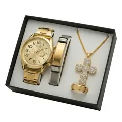 GENERICO - SET DE RELOJ PULSERA COLLAR Y CADENA KIT 4 EN 1 PARA HOMBRES REGALO PERFECTO