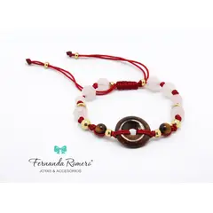 FERNANDA ROMERO JOYAS Y ACCESORIOS - Pulsera Ajustable con Círculo de Cuarzo Ojo de Tigre y Cuarzo Rosa Protección, Fuerza y Equilibrio