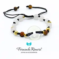 FERNANDA ROMERO JOYAS Y ACCESORIOS - Pulsera Ajustable con Círculo de Piedra LUNA y Cuarzo Rosa - Prosperidad y Amor