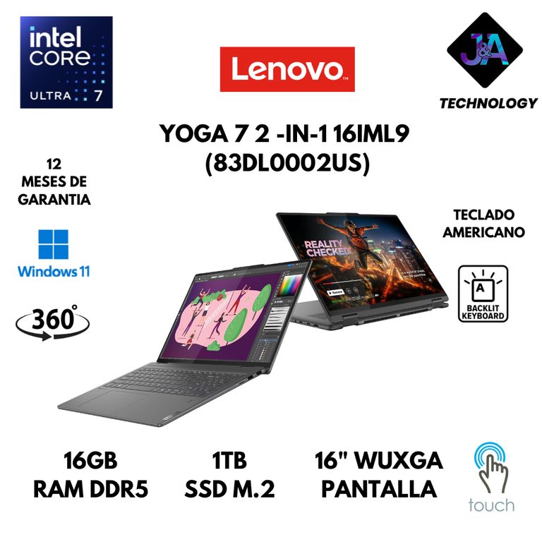 LAPTOP YOGA 7 2 IN 1 ULTRA 7 155U 16GB RAM DDR5 1TB SSD 16" WUXGA TS WINDOWS 11 AMERICANA