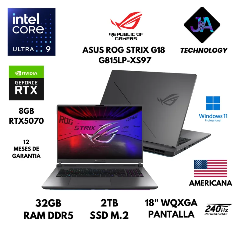LAPTOP ROG STRIX G18 G815LP-XS97 ULTRA 9 275HX 32GB 2TB SSD 8GB RTX5070 18" WQXGA WIN 11