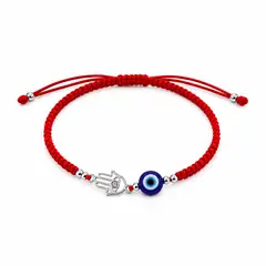 ESPIRAL ROJO - Pulsera Mano de Fátima y Ojo Turco - Hilo Rojo y Plata