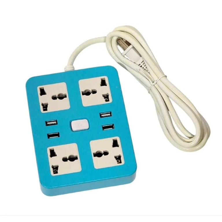 EXTENSION CUADRADA 4 TOMAS UNIVERSALES MAS 4 TOMAS USB 2METROS