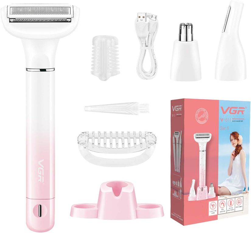 VGR Afeitadora eléctrica 3en1 con recortador de vello nasal y recortador de vello facial para mujer