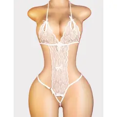 GENERICO - BODY LENCERIA SEXY COLOR BLANCO DE ENCAJE TRANSPARENTE - UNA SOLA PIEZA AJUSTABLE / TALLA S/M