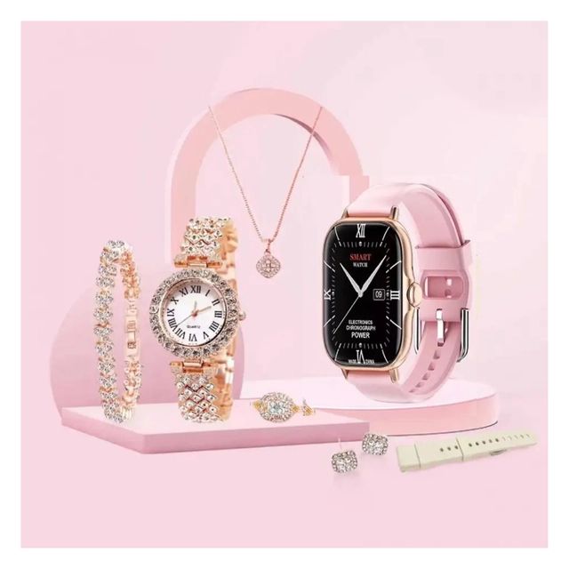 Kit Reloj + Smartwatch A58 Plus, 7 En 1, Doble Reloj - ROSADO
