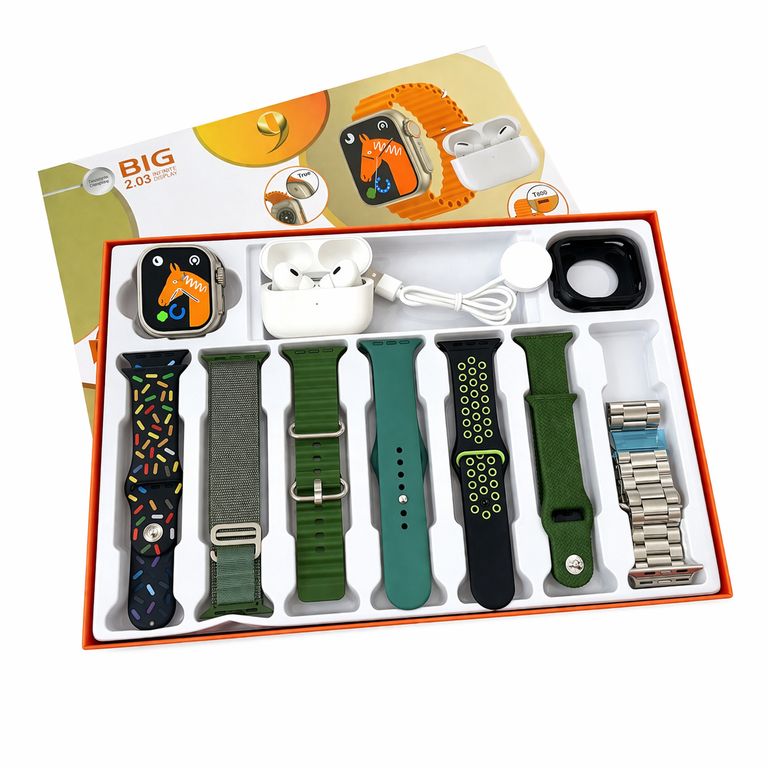 Smartwatch Ultra 7+1+1 con Audífonos + 7 Correas Intercambiables 2.03” Pantalla Grande