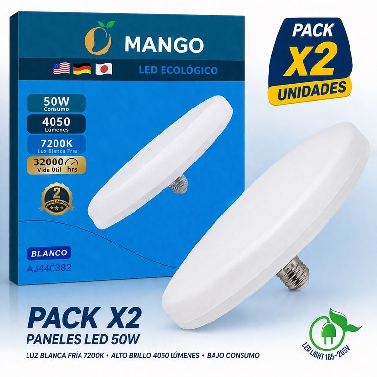 Pack 2 Panel LED 50W MANGO Luz Blanca Fría 7200K 4050 Lúmenes