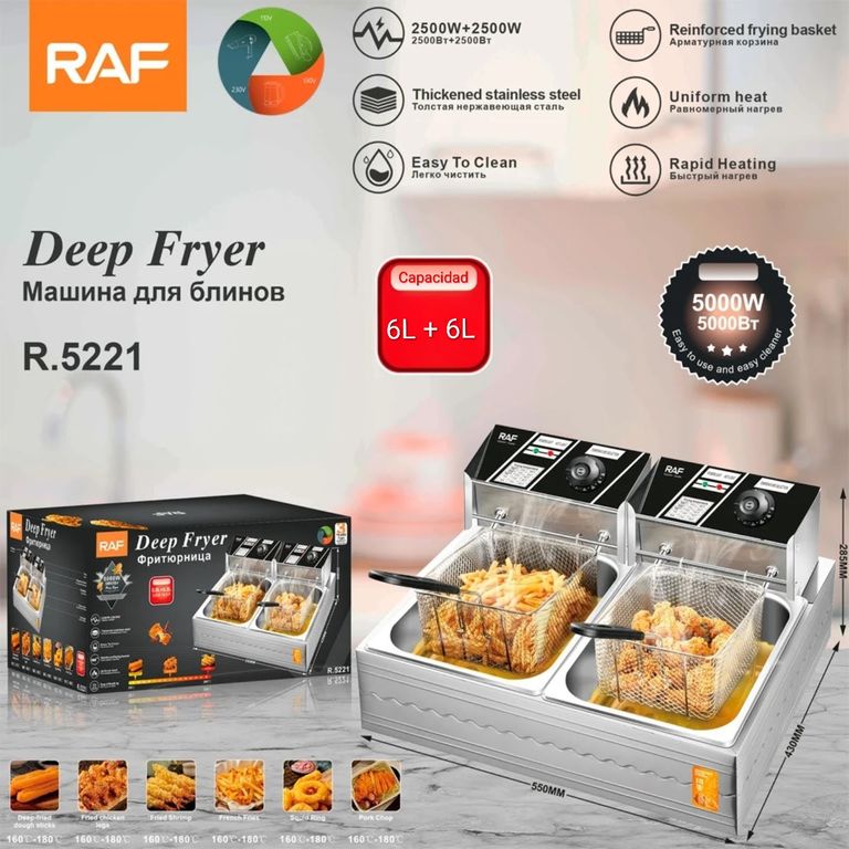 FREIDORA ELÉCTRICA DE ACERO INOXIDABLE DOBLE POZA DE 6 + 6 LITROS - 5000W