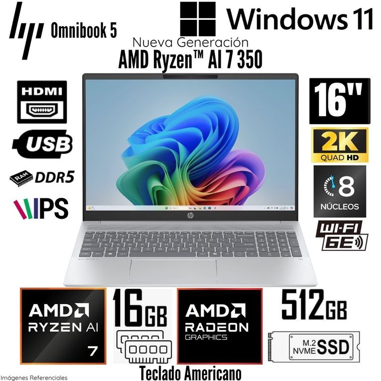Laptop Omnibook 5 16-AG1070WM AMD Ryzen AI 7 350 16GB RAM 512GB SSD 16" 2K - Glaciar Silver