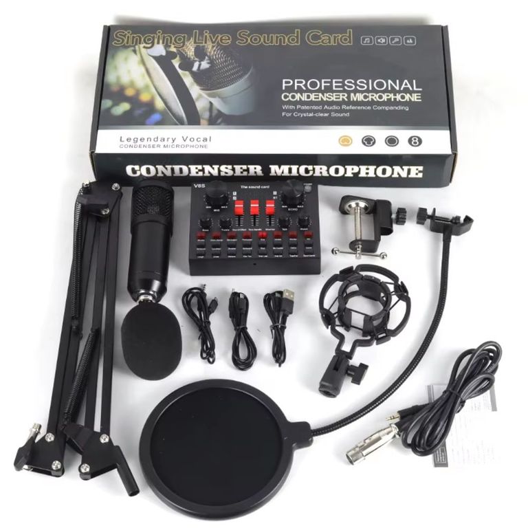 Kit Micrófono Condensador Profesional Y Tarjeta De Sonido V8