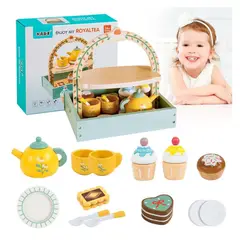 GENERICO - Juego Infantil de Té Amarillo y Pastelería de Madera con Soporte - Montessori 28 Pcs