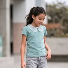 GENERICO - Polo Niña Rib Cuello Encaje Verde Agua - Angela Kids