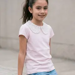 GENERICO - Polo Niña Rib Cuello Encaje Rosa - Angela Kids