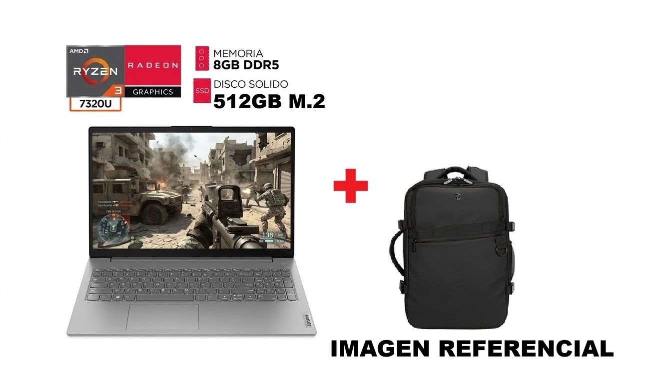Laptop Amd Ryzen 3 7320U RAM 8GB DDR5 SSD 512GB Pantalla 15.6” FULL HD + MOCHILA