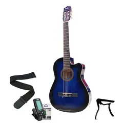 GENERICO - PACK GUITARRA ACUSTICA AZUL BARRT DE CUERDAS DE NYLON AFIANDOR, CAPO Y CORREA