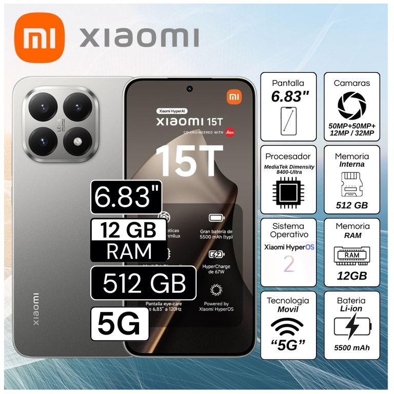 Celular 15T 6.83" Pulg. 12GB RAM 512GB HyperOS 2 - Gris